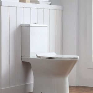 Ferrara Rimless Close Coupled D Shape Toilet Pan, Cistern and Seat