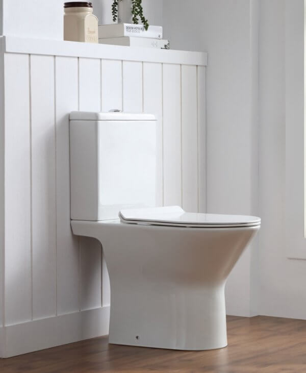 Ferrara Rimless Close Coupled D Shape Toilet Pan, Cistern and Seat
