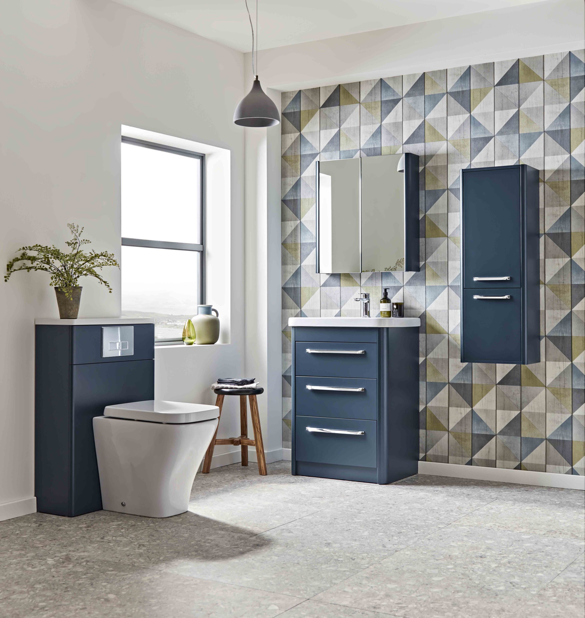 Contour 600Mm Dark Blue 3 Drawer Unit With Wall Column And Btw Lifestyle | Total Bathrooms, Bath